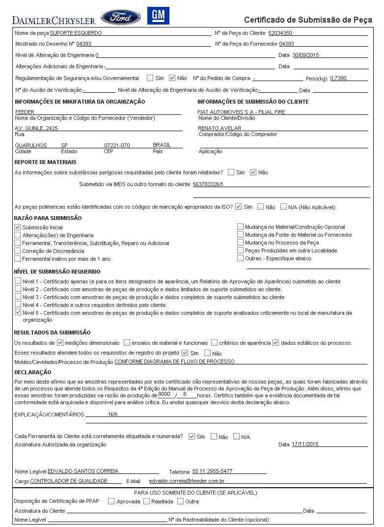 Certificado de Submissão de Peça PSW Módulo APQP GQuality Flexsys