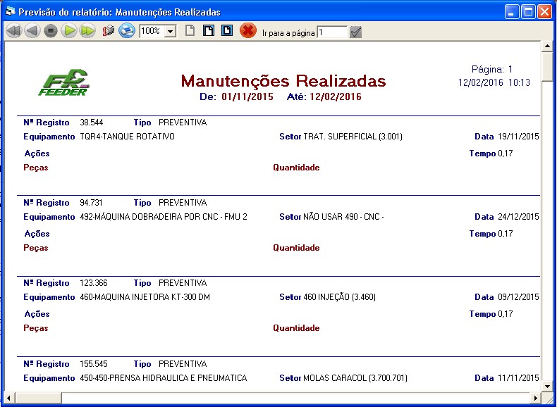 Relatório de Manutenções Realizadas Módulo para Manutenções GQuality Flexsys