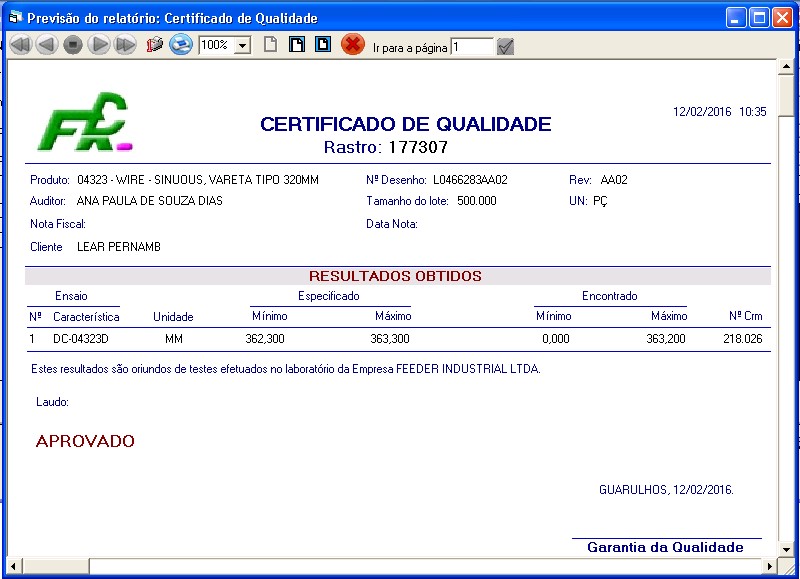 Certificado de Qualidade Módulo Processo GQuality Flexsys
