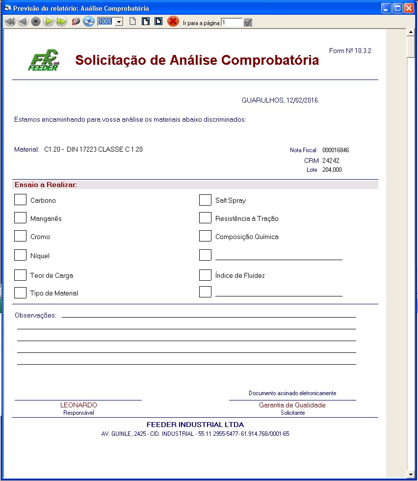 Análise Comprobatória Módulo Recebimento GQuality Flexsys